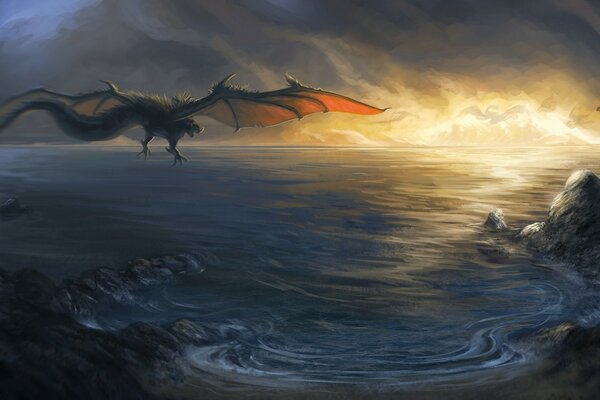 Flying dragon in the night over the sea