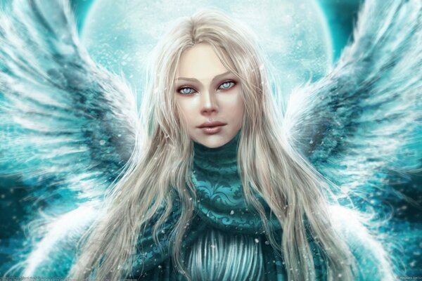 Blonde girl with wings in winter