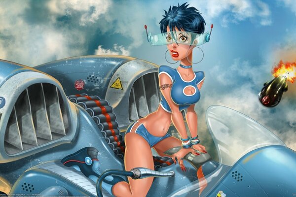 A futuristic girl is sitting on an aircraft at a loss from a flying incendiary grenade