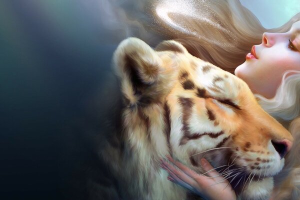 A girl hugs a tiger