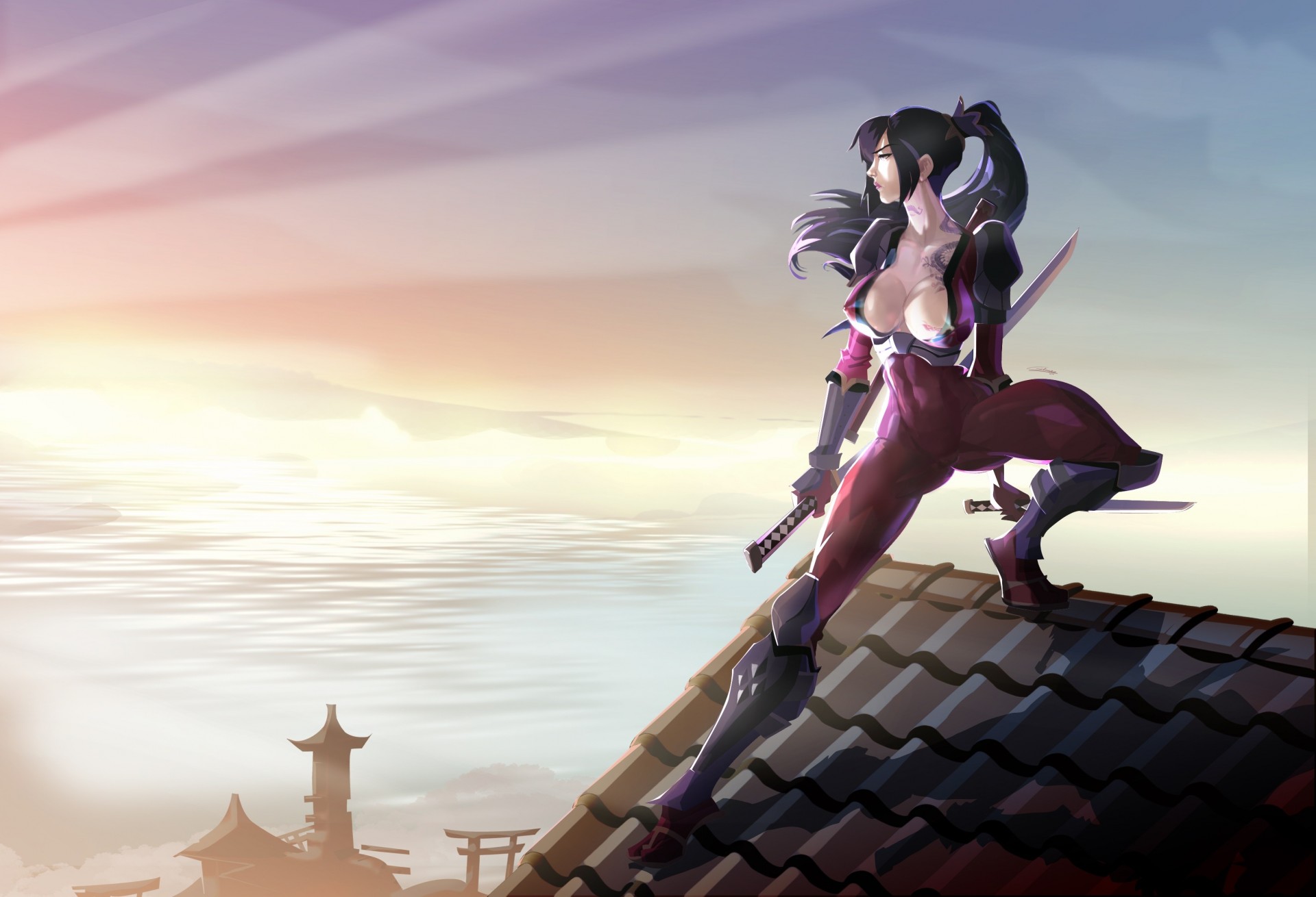 warrior girl samurai roof