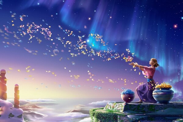 A fabulous girl launches petals into the sky