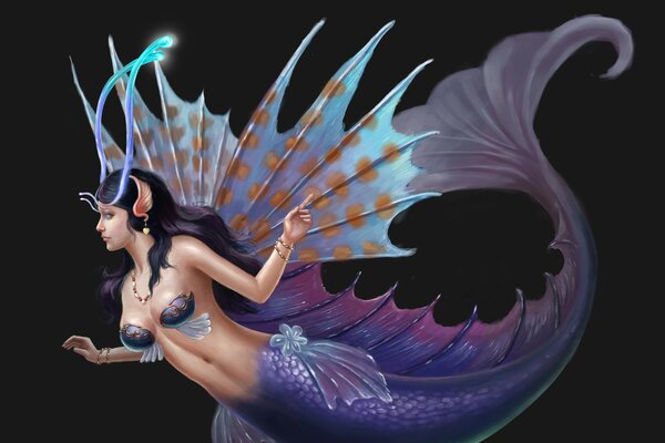 Chica sirena con alas y cuernos