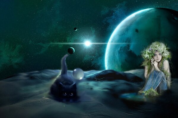 A mermaid and a cat on an alien planet