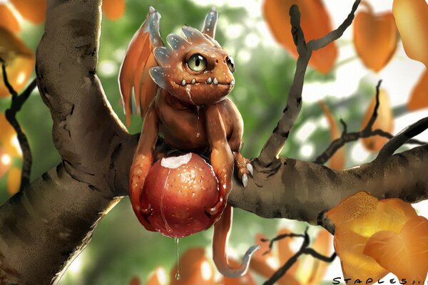 A small dragon eats an apple on a branch