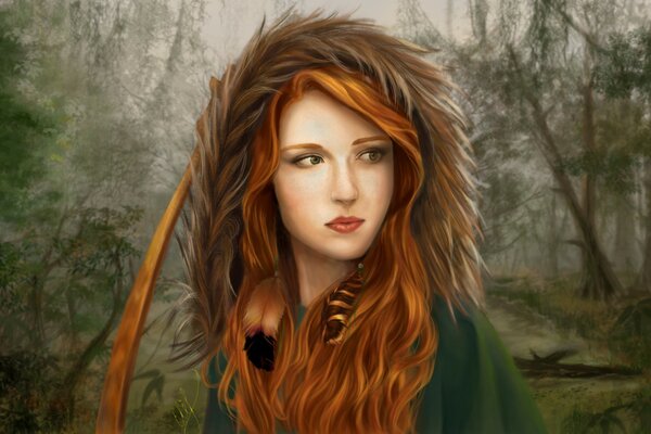 Painted red-haired girl in a hood