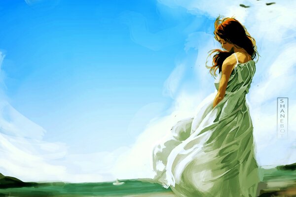 Drawing of a girl in a dress on a clear sky background