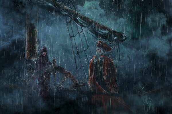 Skeletons of pirates on a ship in a downpour