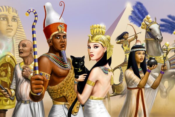 An Egyptian painting with a pharaoh, a sphinx and a chariot with a warrior