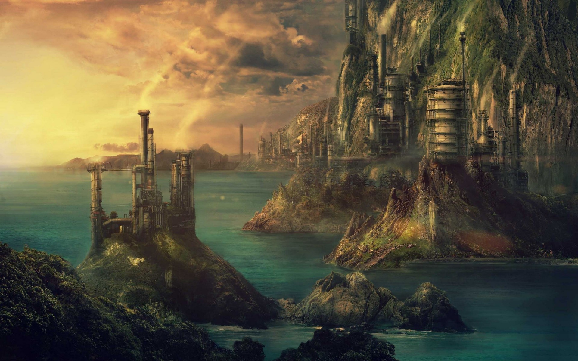 art landscape sea town building fantasy technopolis steampunk pulpoglow