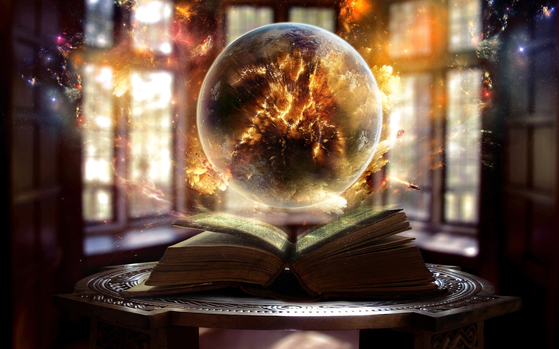 ball sphere window book light fire magic spark