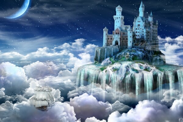 A fairy-tale castle in the clouds against the background of the night