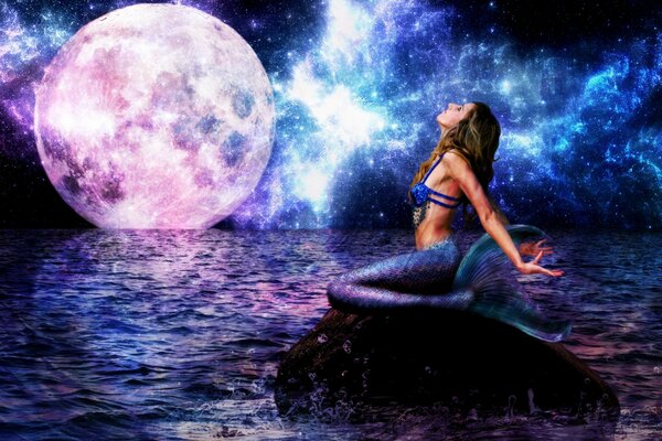 Sirena nel mare di notte fantastica