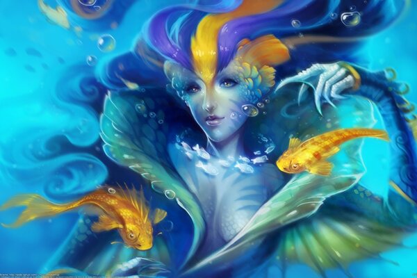 Mermaid woman with yellow fish