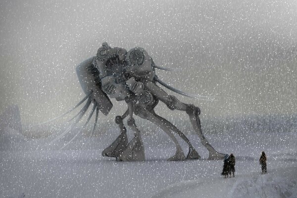 Robot en medio de la nieve invernal