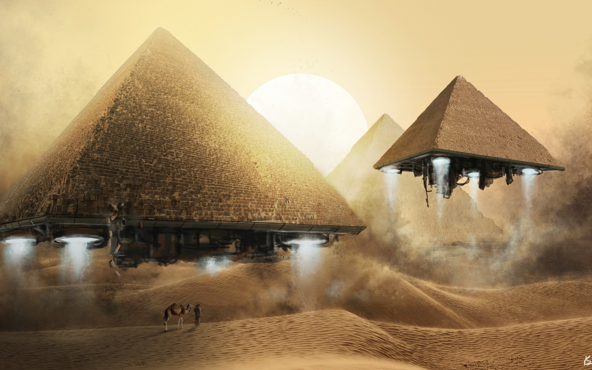 fantasy art camel bedouin pyramid fly dunes sun moe sand desert