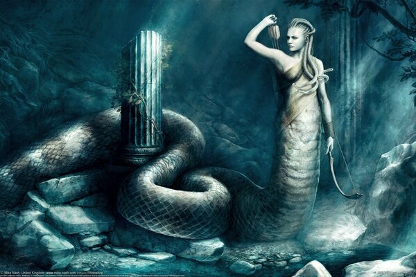 Serpent fille sous l eau avec un arc et des flèches