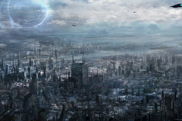 The metropolis of the future in gray colors