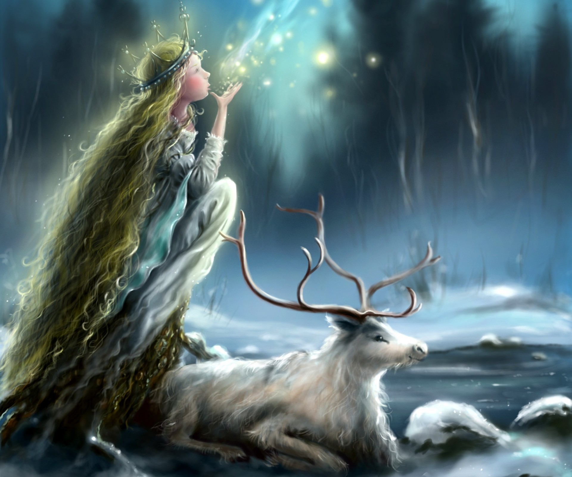 face girl next horn ghost animals snow section reindeer princess winter long hair light