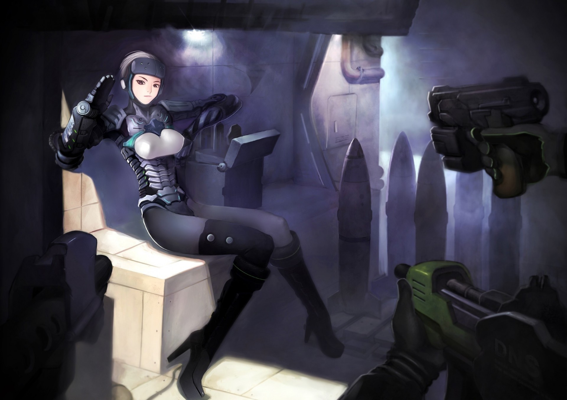 art weapon girl sitting sight rocket hand