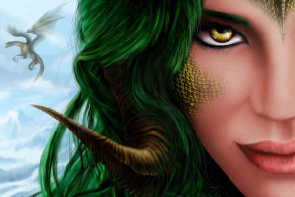 Art face of a girl with green hair horns and dark dragon scales