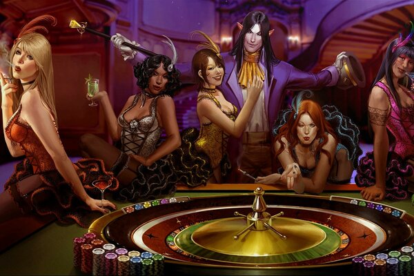 Filles de Club de casino autour de la table avec la roulette