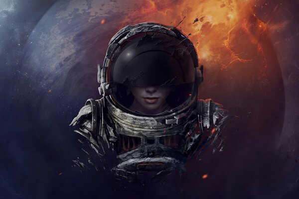 Arte con una chica en el casco de un astronauta en el fondo del planeta