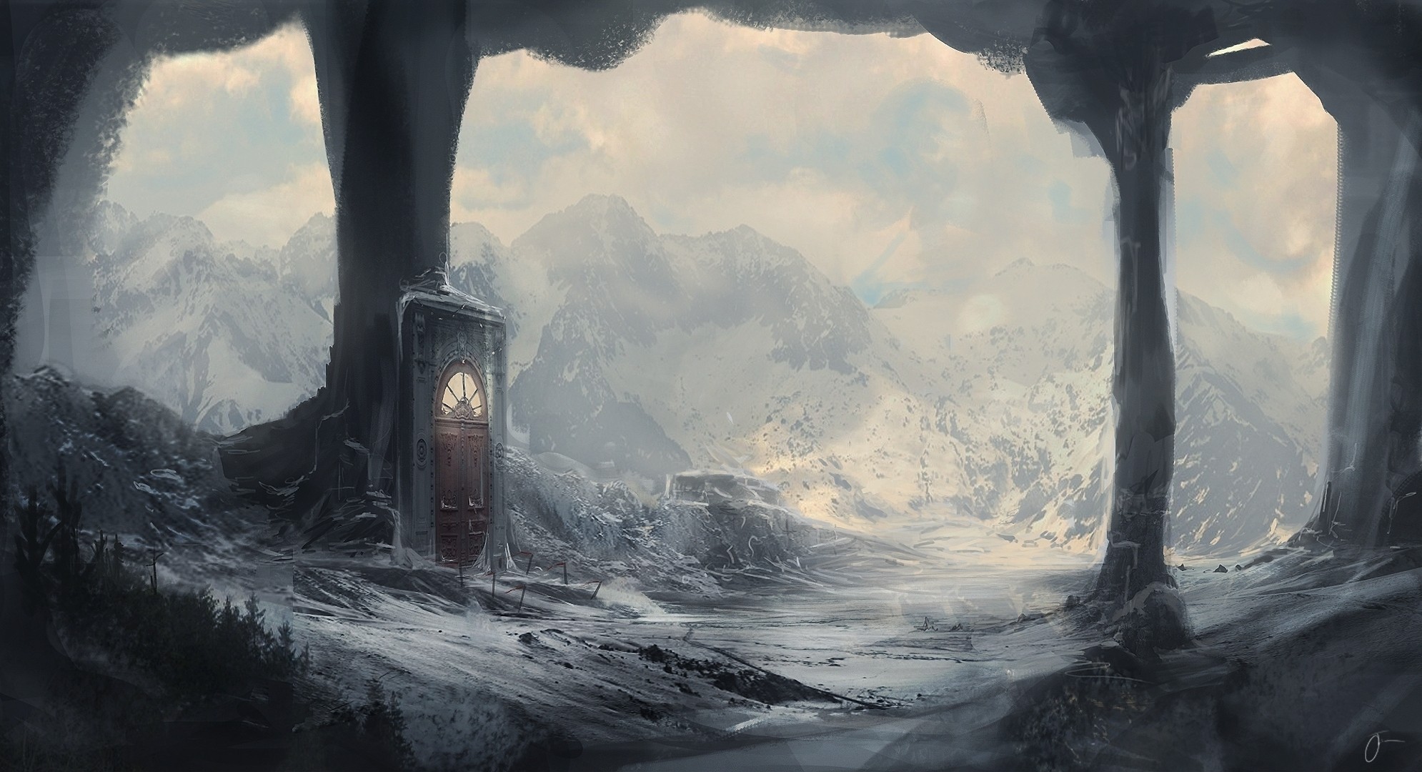 art kingcloud doors grotto portal column snow mountain winter