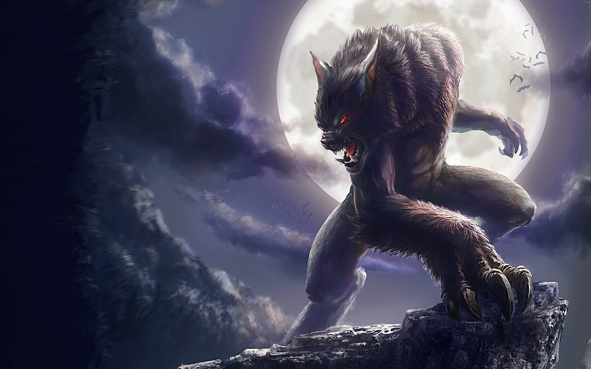 art full moon bats clouds werewolf broken