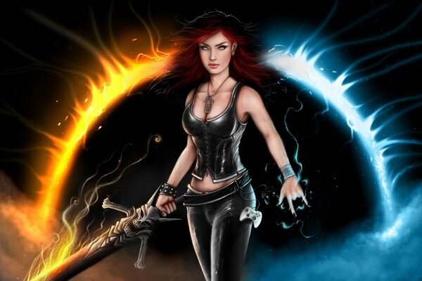 Superman girl with ice and flame sword