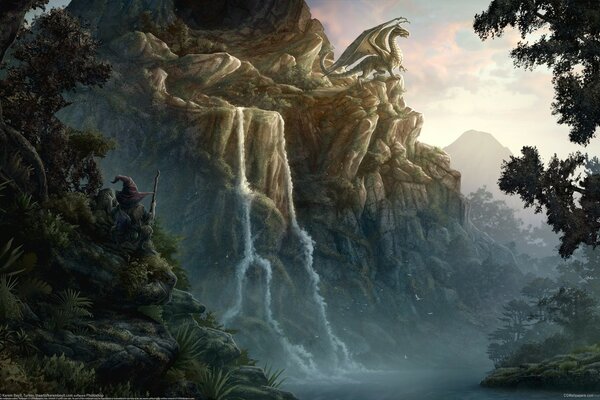 A dragon rises on a mountain waterfall