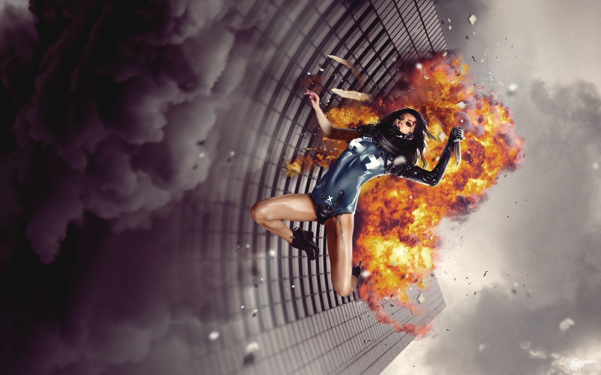 explosion girl knife building photo manipulation fall cyborg