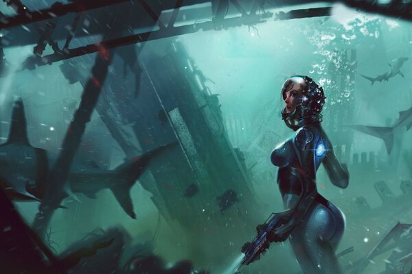 Girl under water among creepy sharks