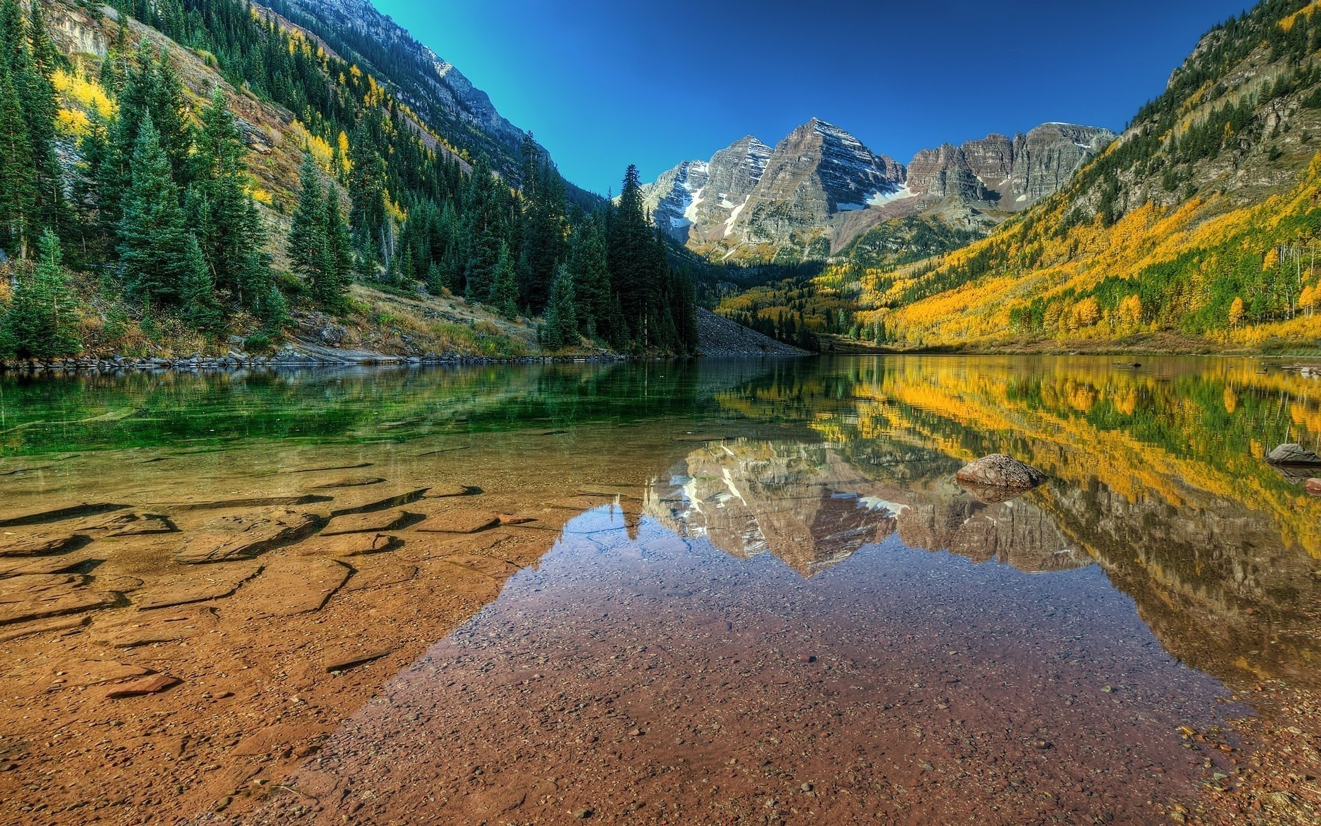 réflexion montagnes forêt rivière nature