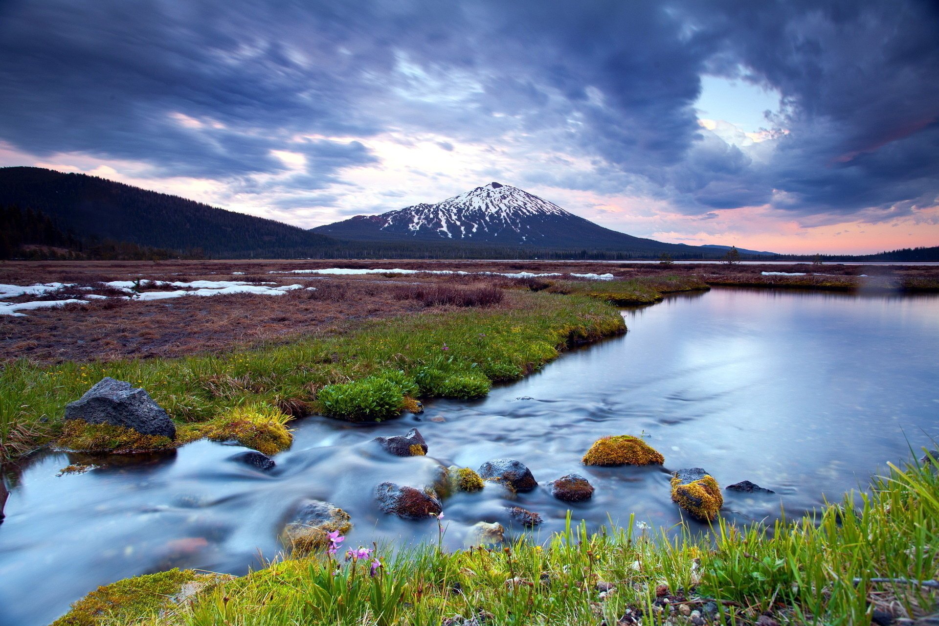 berge natur sonnenuntergang landschaft fluss