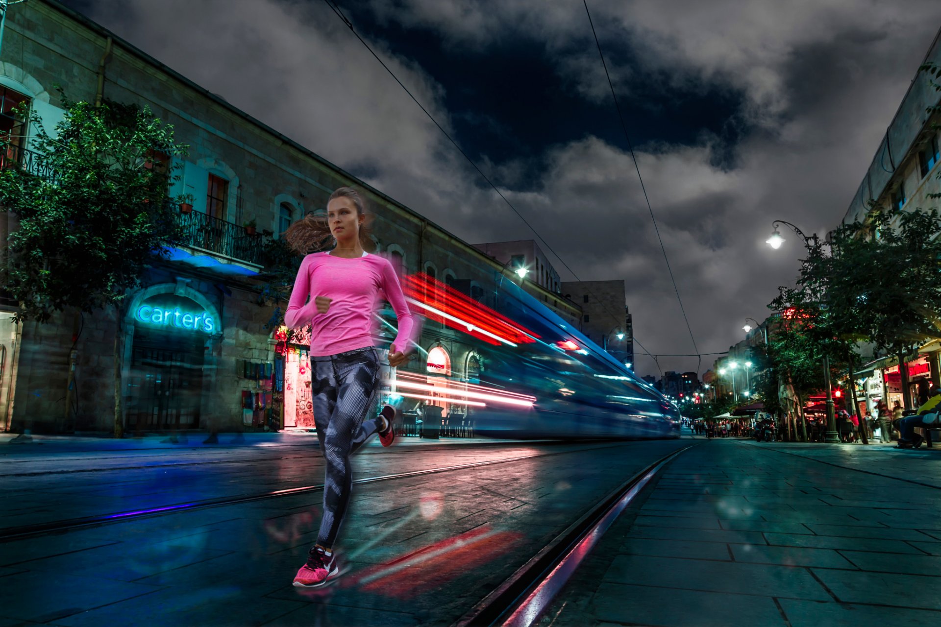 night running town night girl running