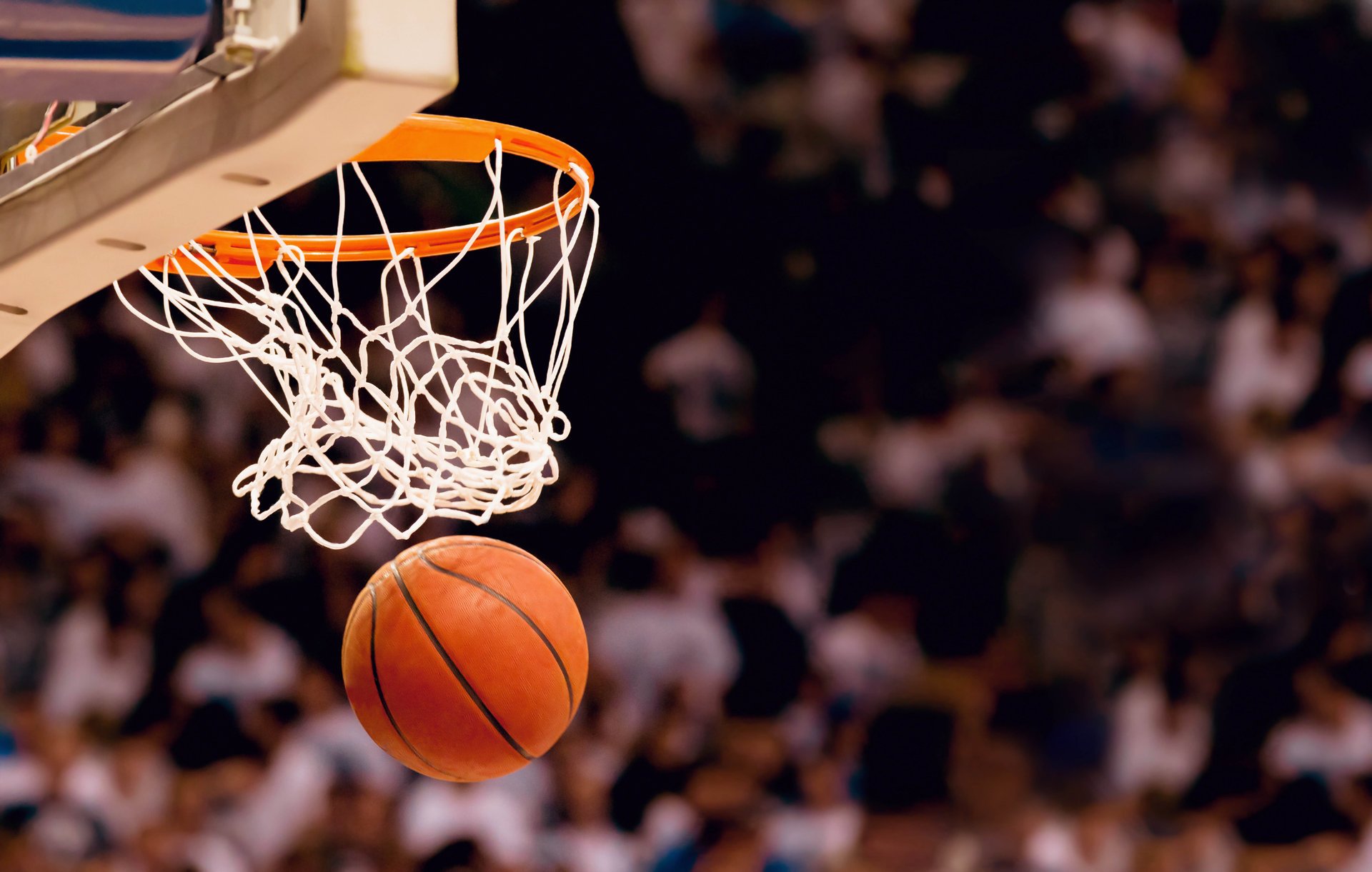 sport basket-ball jeu couronne lancer confiture bouclier panier frapper balle anneau stade spectateurs fans flou bokeh fond d écran