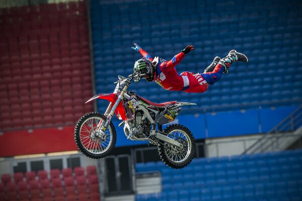 Flying motorcycle and motorcyclist in the air