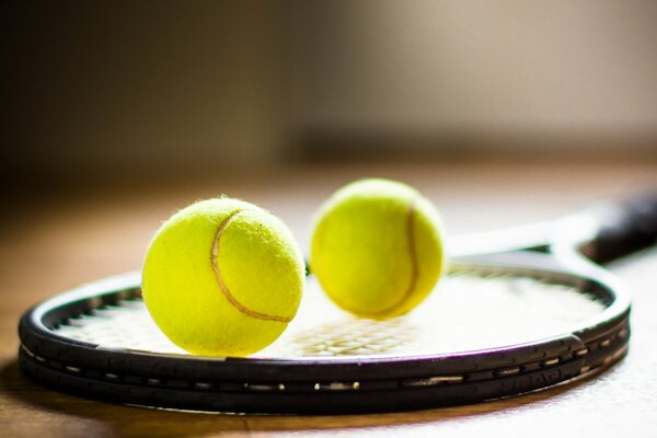 Las pelotas de tenis se encuentran en una raqueta