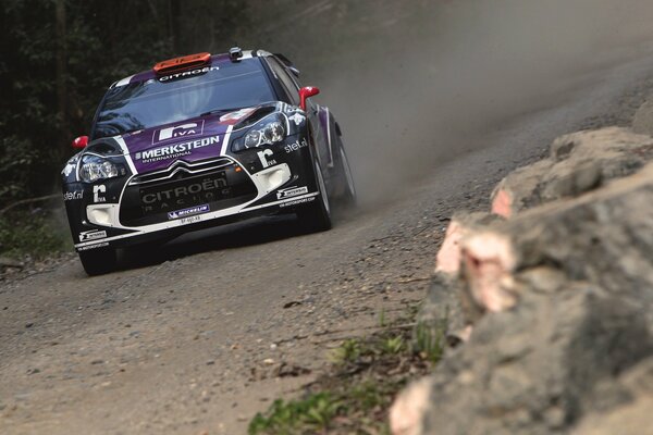 Painted racing Citroen on the track in clouds of dust