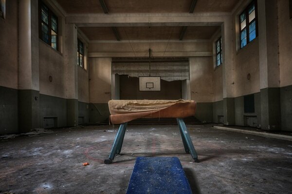 Gimnasio abandonado con caballo