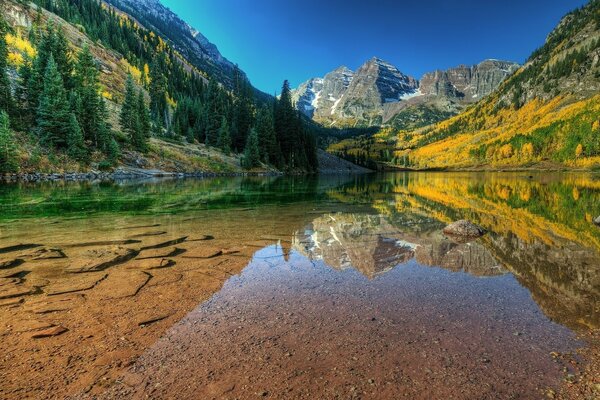 Transparent lake at the foot of the mountain