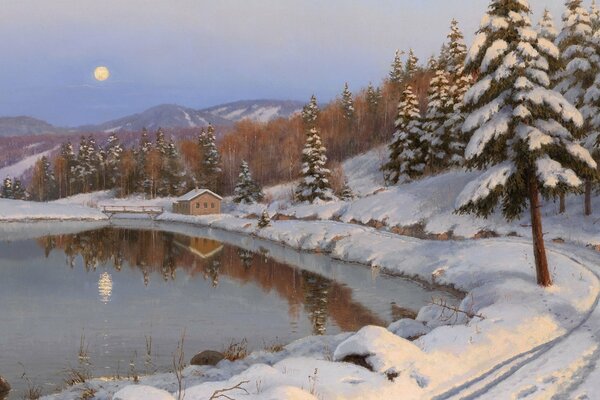 Casa en el lago de abedul. Acogedor bosque de invierno