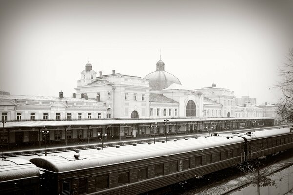 Train station, train, snow, winter, railway