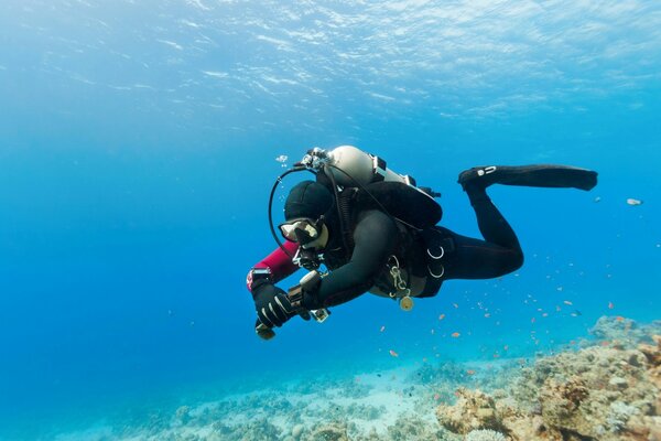 Aquolangista en el fondo del océano con peces