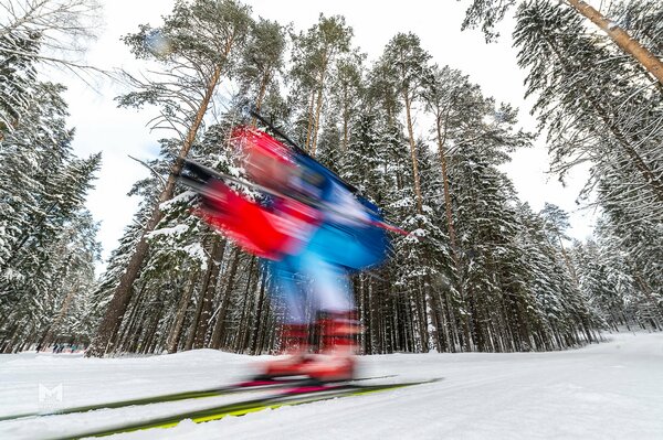 Schneller Biathlet im Winterwald