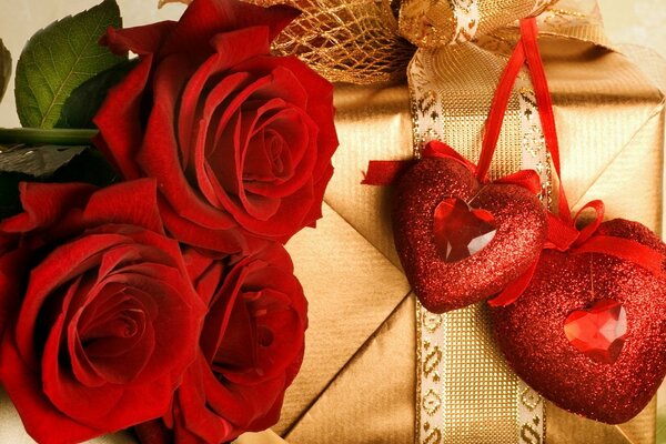 Red roses with a golden gift