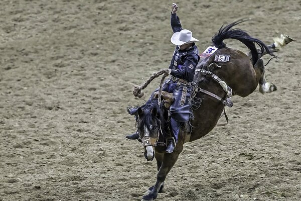 Cowboy in a hat at a rodeo riding a horse