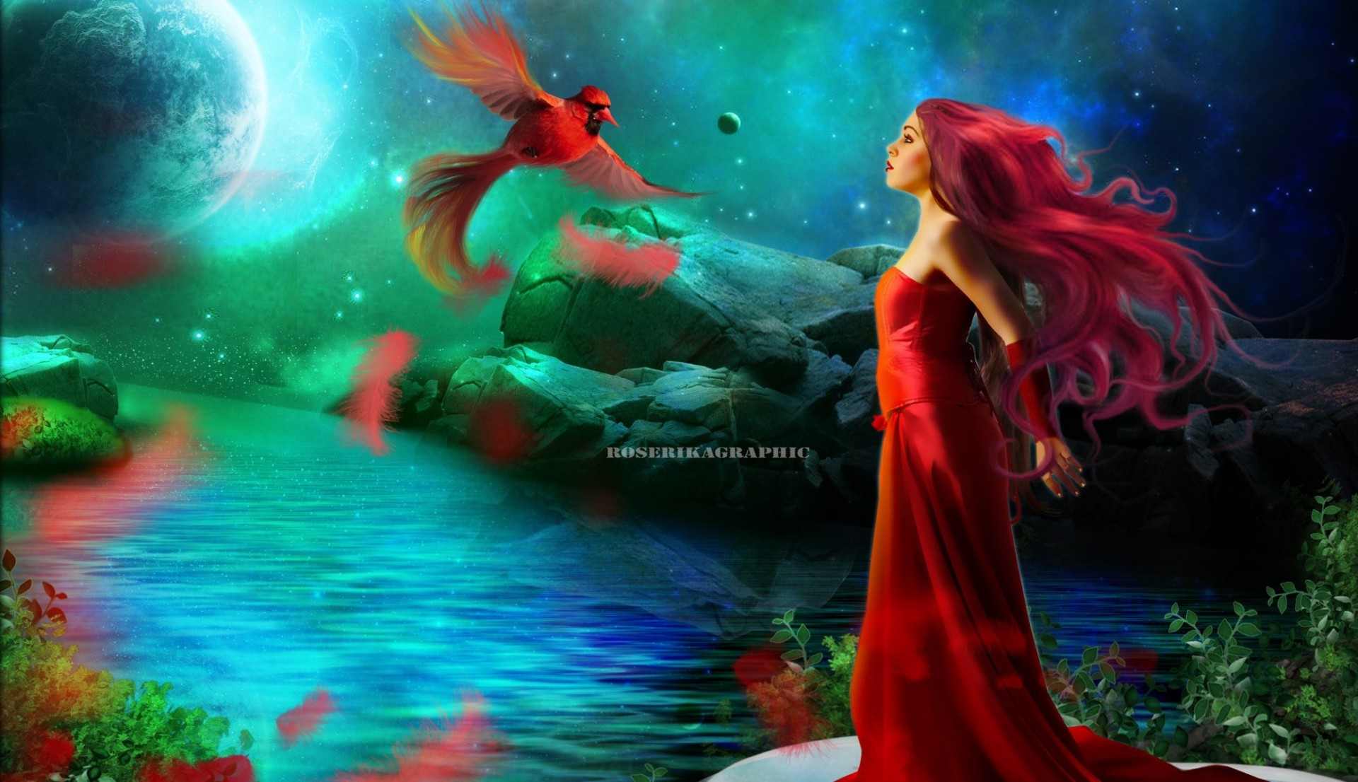 girl sky reflection red hair flower water birds dress moon fiction section