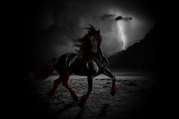 A horse on the background of a lightning flash